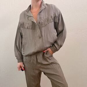 Vintage 1990's Green Silk Fringe Track Suit Set
